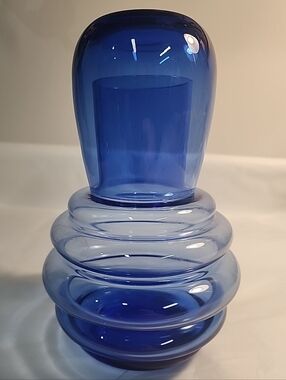 Vtg Cobalt Blue Glass Tumble Up Bedside Carafe & Cup Handblown Beehive Ribbed